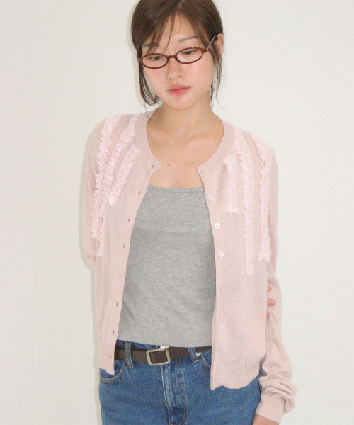 SHEER FRILL CARDIGAN PINK