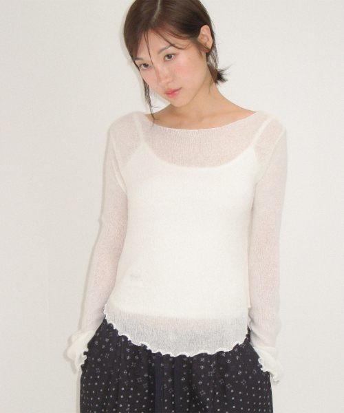 SHEER WAVY BOAT NECK KNIT IVORY