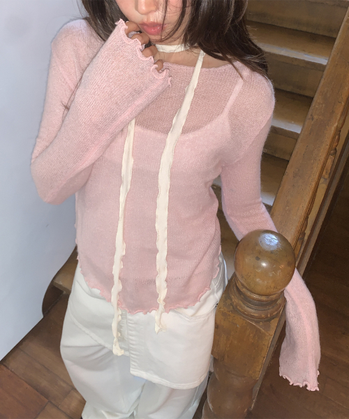SHEER WAVY BOAT NECK KNIT PINK