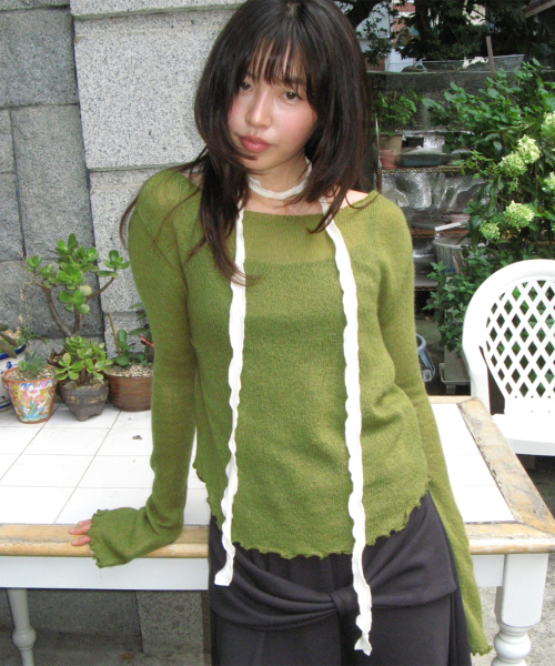 SHEER WAVY BOAT NECK KNIT OLIVE