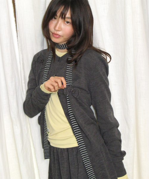 BUTTON RIBBON CARDIGAN CHARCOAL
