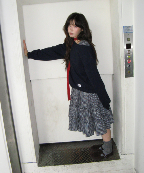 SHIRRING PUFF RUFFLE DRESS NAVY CHECK