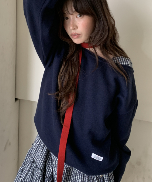 SHIRRING PUFF RUFFLE DRESS NAVY CHECK