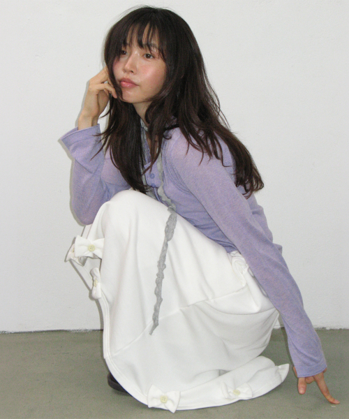 BUTTON RIBBON SWEAT MIDI SKIRT WHITE