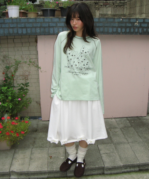 BUTTON RIBBON SWEAT MIDI SKIRT WHITE