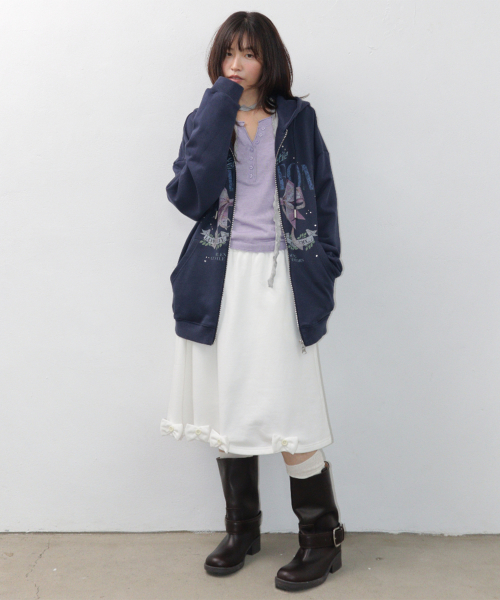 BUTTON RIBBON SWEAT MIDI SKIRT WHITE