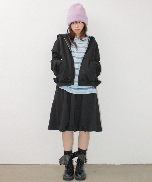 BUTTON RIBBON SWEAT MIDI SKIRT BLACK