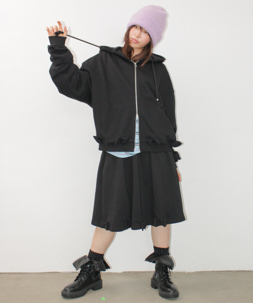 BUTTON RIBBON SWEAT MIDI SKIRT BLACK
