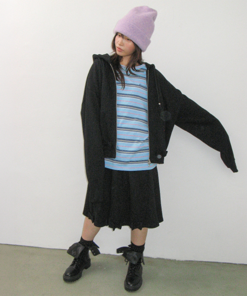 BUTTON RIBBON SWEAT MIDI SKIRT BLACK