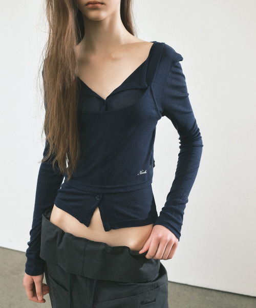 HENLEY NECK LAYERED SLEEVE TOP_NAVY