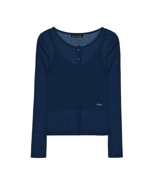 HENLEY NECK LAYERED SLEEVE TOP_NAVY