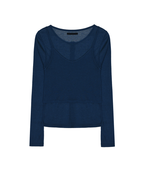 HENLEY NECK LAYERED SLEEVE TOP_NAVY