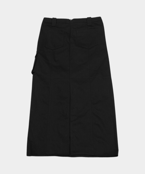 Multi-Pocket Eyelet Belted Layered Detail H-Line Cargo Long Skirts [Black]