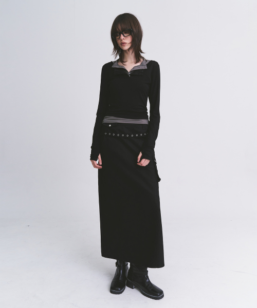 Multi-Pocket Eyelet Belted Layered Detail H-Line Cargo Long Skirts [Black]