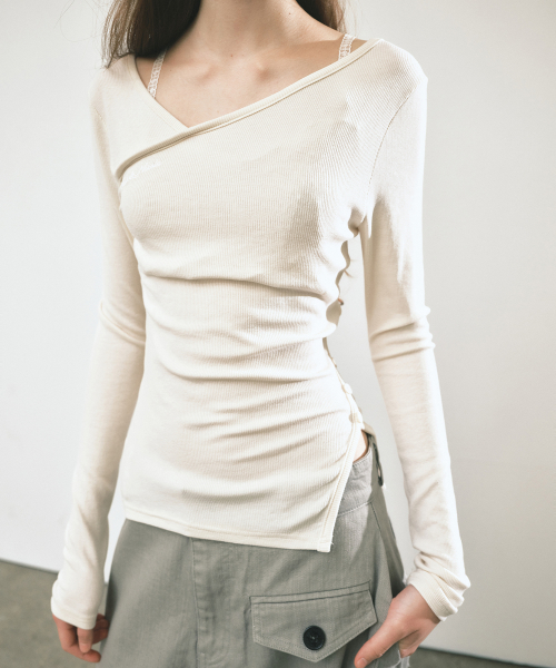 SIDE SLIT BUTTON RIBBED TOP_LIGHT BEIGE
