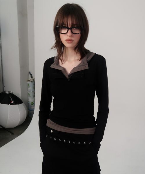Color-Block Layered Long-Sleeve Henley T-Shirt with Fingerhole Detail [Black]