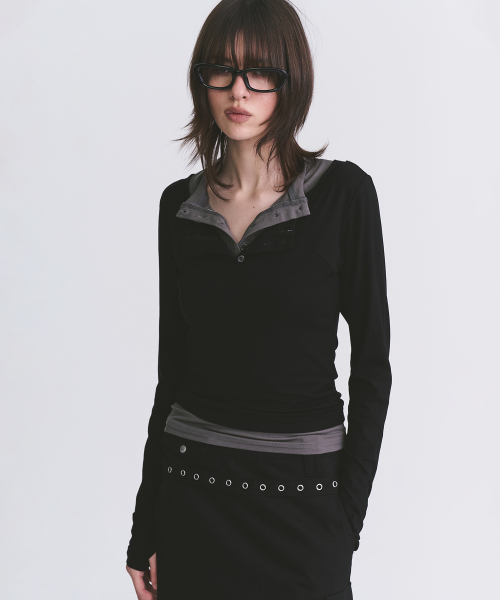 Color-Block Layered Long-Sleeve Henley T-Shirt with Fingerhole Detail [Black]