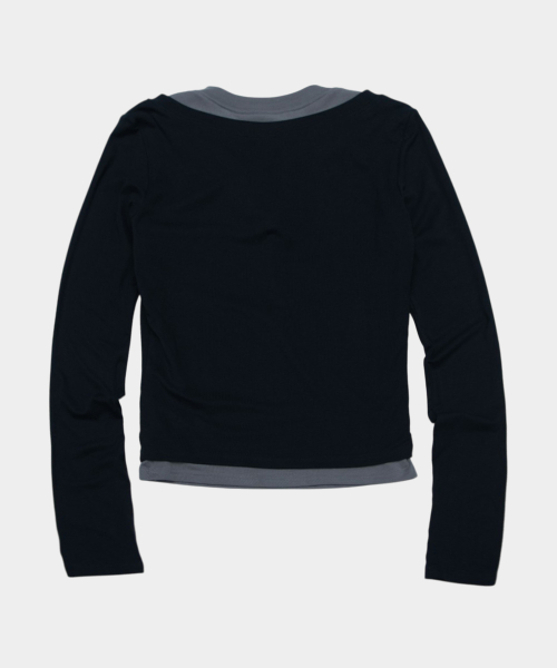 Color-Block Layered Long-Sleeve Henley T-Shirt with Fingerhole Detail [Black]
