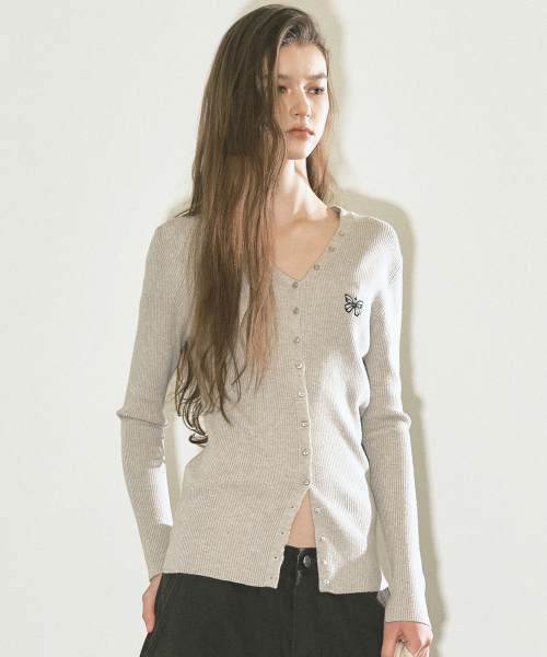 BUTTERFLY BUTTON SLIM KNIT CARDIGAN_SAND GRAY