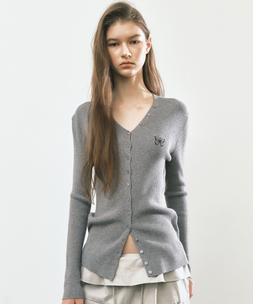 BUTTERFLY BUTTON SLIM KNIT CARDIGAN_GRAY