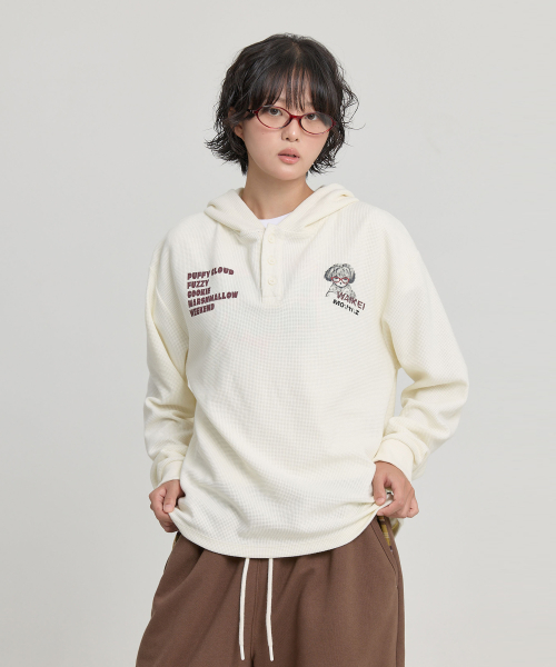 헨리넥 와플 롱슬리브 후디 크림