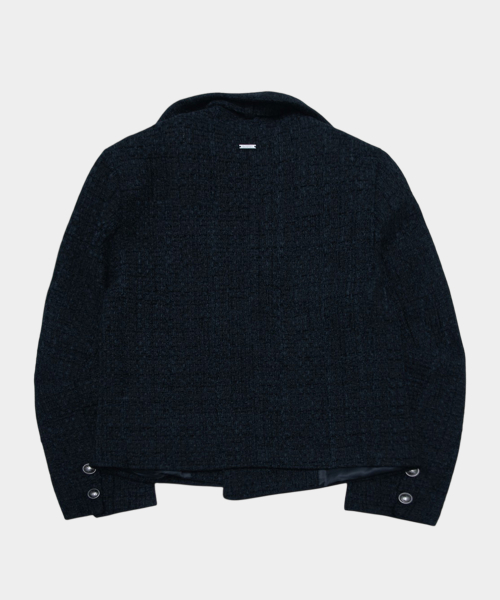 Tweed High-Neck Eyelet Belted Button-Detail Basic Short Coat Jacket [Black]