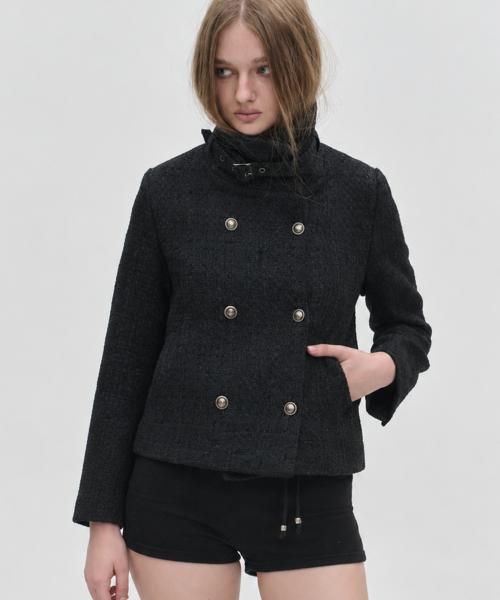 Tweed High-Neck Eyelet Belted Button-Detail Basic Short Coat Jacket [Black]