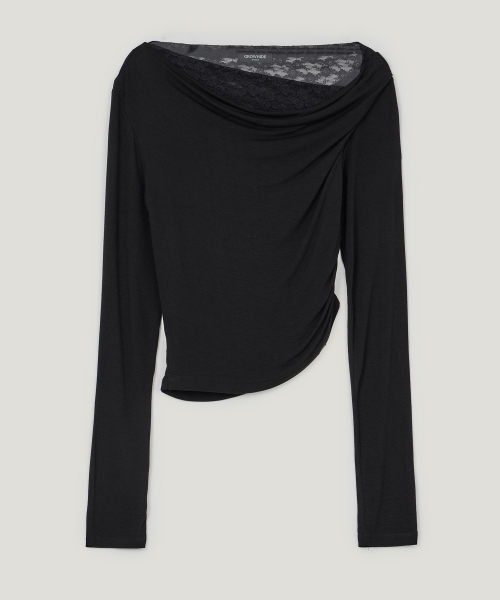 Rondi Lace Layered Shirred T Shirt_Black