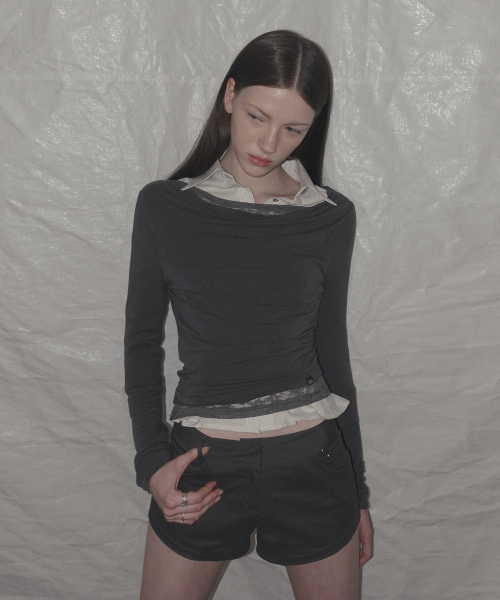 Rondi Lace-Layered Shirred T Shirt_Charcoal