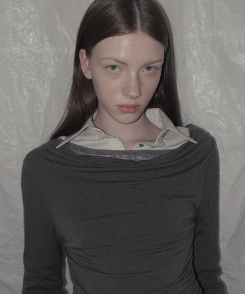 Rondi Lace-Layered Shirred T Shirt_Charcoal