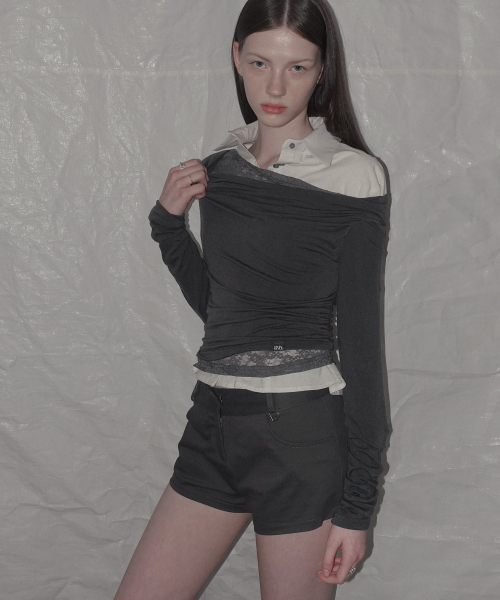 Rondi Lace-Layered Shirred T Shirt_Charcoal