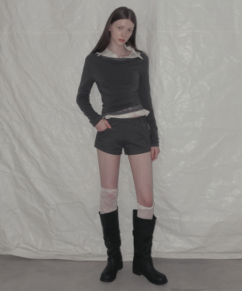 Rondi Lace-Layered Shirred T Shirt_Charcoal