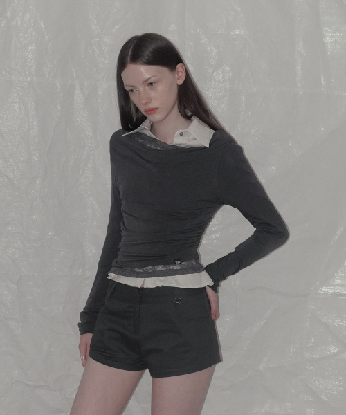 Rondi Lace-Layered Shirred T Shirt_Charcoal