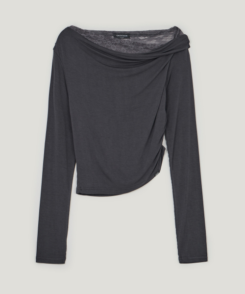 Rondi Lace-Layered Shirred T Shirt_Charcoal