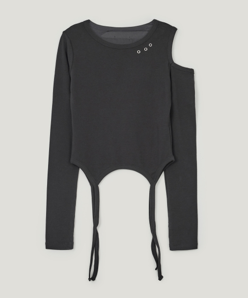 Jeuaen Eyelet Strap Slit Long Sleeve T Shirt_Charcoal