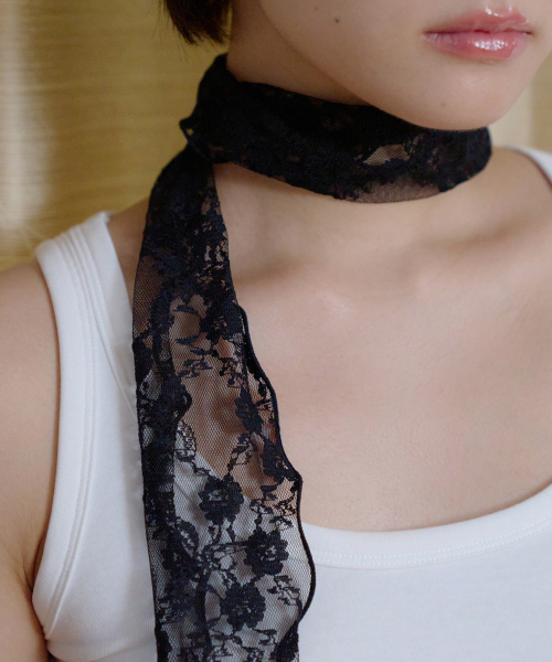flower lace long scarf - black