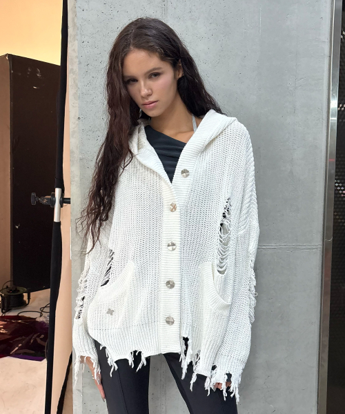 GRUNGE HOOD CARDIGAN (IVORY)