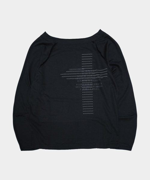 Lettering Print Beaded Cross Detail Boatneck Off-Shoulder Long Sleeve T Shirt_2COLOR