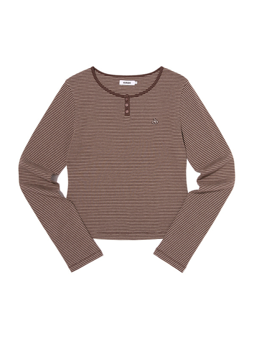 SMALL CHERRY HENLEY NECK STRIPE LONG SLEEVE(BROWN)