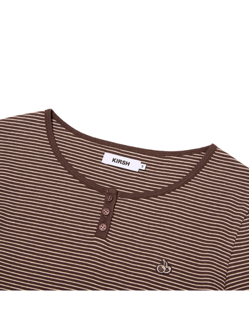 SMALL CHERRY HENLEY NECK STRIPE LONG SLEEVE(BROWN)
