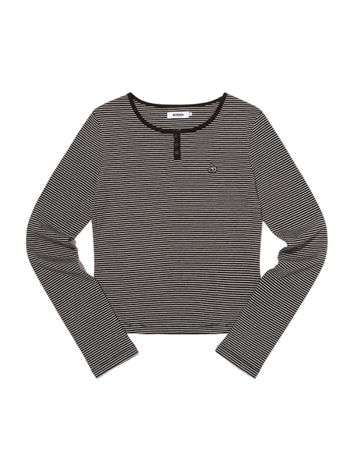 SMALL CHERRY HENLEY NECK STRIPE LONG SLEEVE(BLACK)