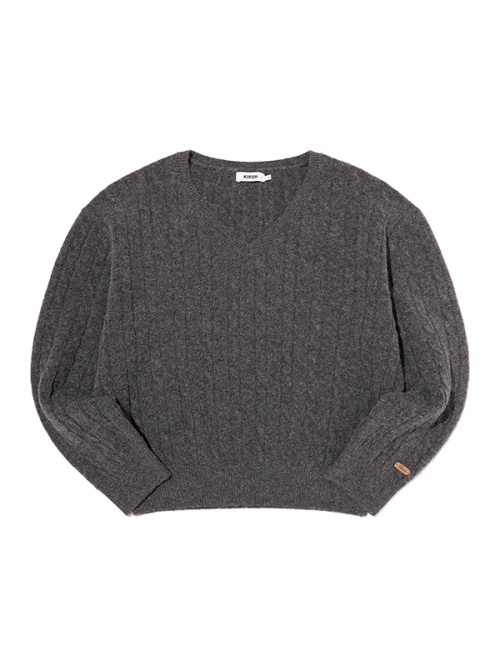 LABEL POINT V-NECK CABLE KNIT PULLOVER(MELANGE GRAY)
