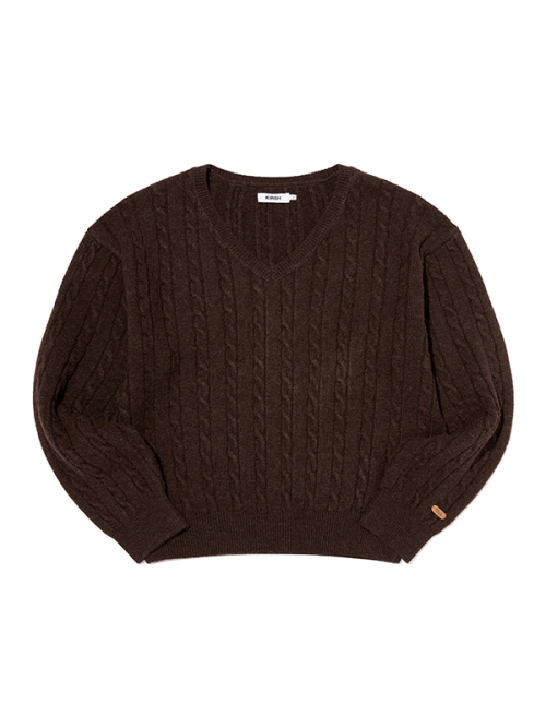 LABEL POINT V-NECK CABLE KNIT PULLOVER(BROWN)