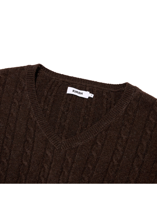 LABEL POINT V-NECK CABLE KNIT PULLOVER(BROWN)