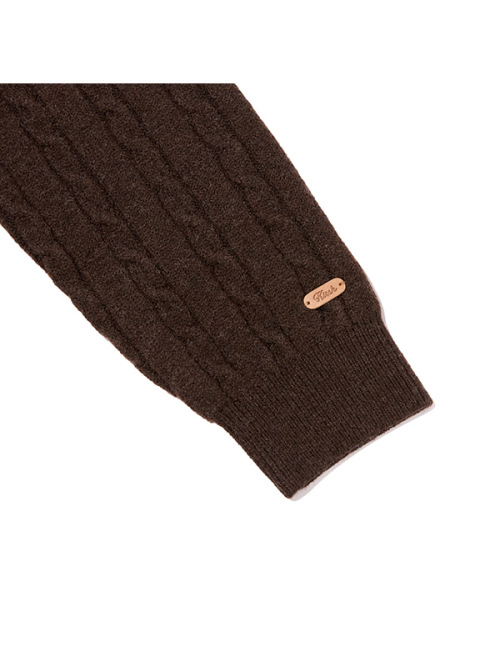 LABEL POINT V-NECK CABLE KNIT PULLOVER(BROWN)