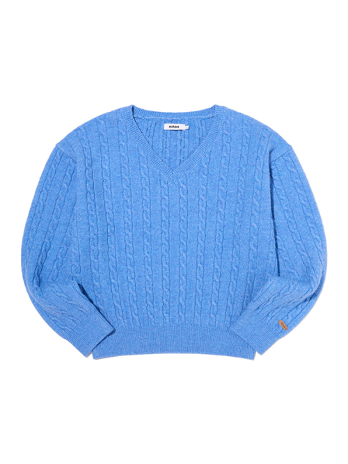 LABEL POINT V-NECK CABLE KNIT PULLOVER(BLUE)