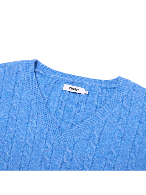 LABEL POINT V-NECK CABLE KNIT PULLOVER(BLUE)