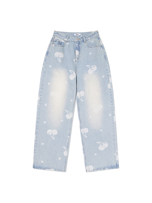 CHERRY ALL-OVER WIDE-FIT DENIM PANTS(LIGHT BLUE)