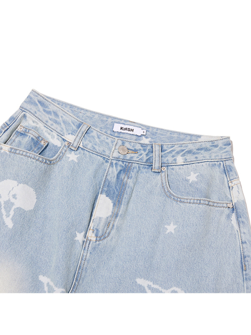 CHERRY ALL-OVER WIDE-FIT DENIM PANTS(LIGHT BLUE)