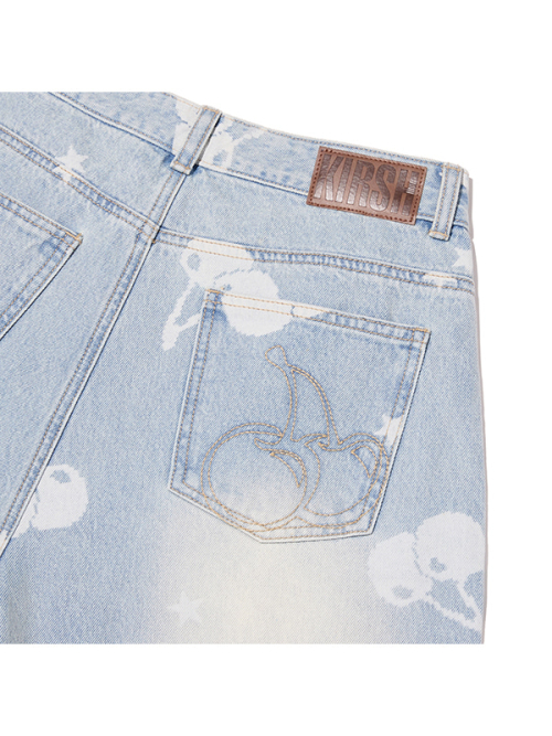 CHERRY ALL-OVER WIDE-FIT DENIM PANTS(LIGHT BLUE)